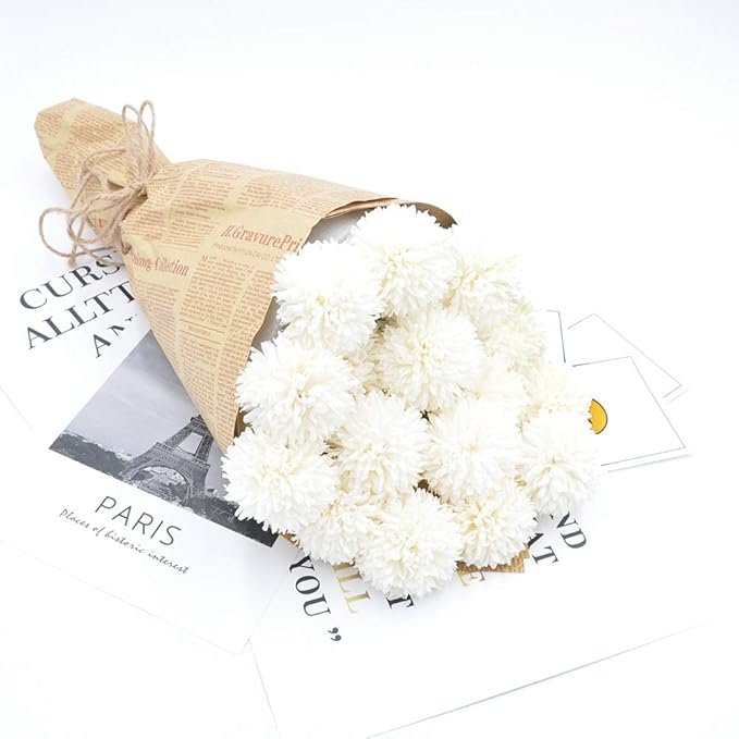 rtificial Chrysanthemum Ball Flowers – Realistic Faux Pom Pom Bouquet for Home, Wedding & Table Décor (White)