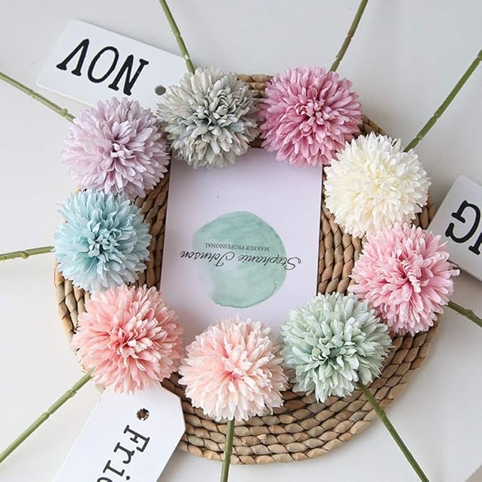 rtificial Chrysanthemum Ball Flowers – Realistic Faux Pom Pom Bouquet for Home, Wedding & Table Décor (White) - Image 2