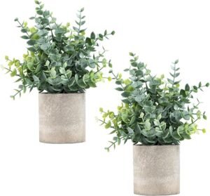 Eucalyptus Artificial Potted Plants – Set of 2 Small Decorative Fake Plants for Home, Office & Bathroom Décor (Sage Green)