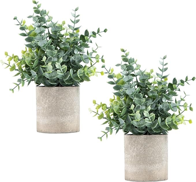 Eucalyptus Artificial Potted Plants – Set of 2 Small Decorative Fake Plants for Home, Office & Bathroom Décor (Sage Green)